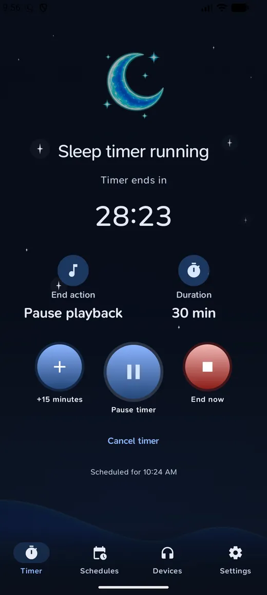 Bluetooth Sleep Timer running a Pause only timer with 28:23 remaining, a 30-minute duration, and +15 minutes, Pause timer and End now controls.