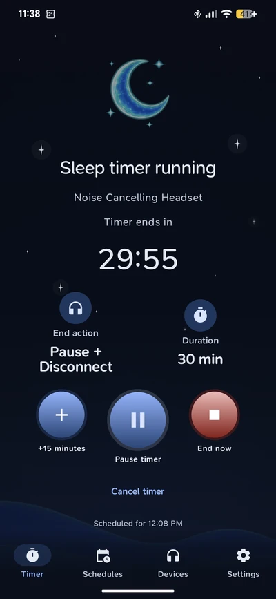 Bluetooth Sleep Timer running a Pause + disconnect timer for Noise Cancelling Headset with 29:55 remaining, a 30-minute duration, and +15 minutes, Pause timer and End now controls.