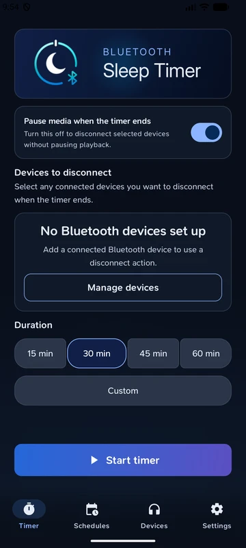 Bluetooth Sleep Timer setup with media pause enabled, no Bluetooth devices set up and a 30-minute duration selected.