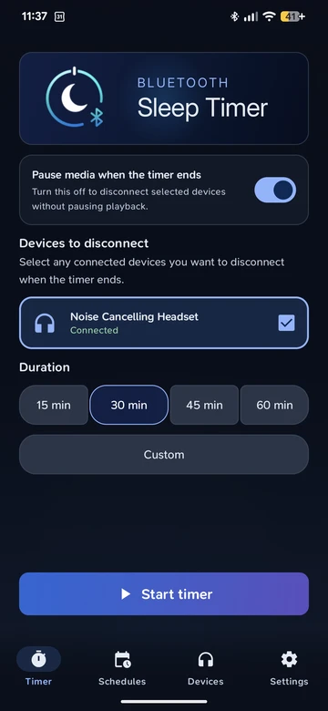 Bluetooth Sleep Timer setup with media pause enabled, the connected Noise Cancelling Headset selected for disconnection and a 30-minute duration selected.